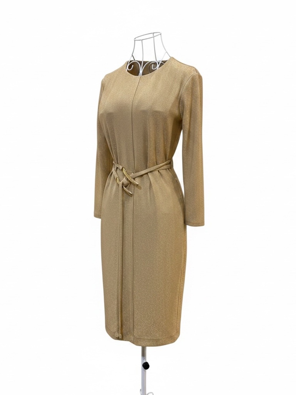 Halston Heritage Metallic Gold Long-Sleeve Belted Sheath Dress